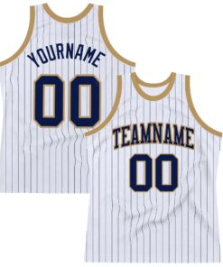 Custom White Navy Pinstripe Navy-Old Gold Authentic Basketball Jersey