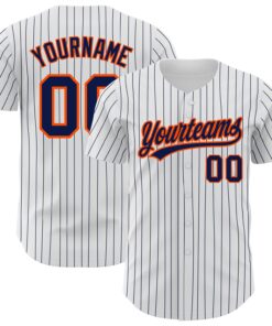 Custom White Navy Pinstripe Navy-Orange Authentic Baseball Jersey