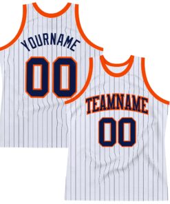 Custom White Navy Pinstripe Navy-Orange Authentic Basketball Jersey