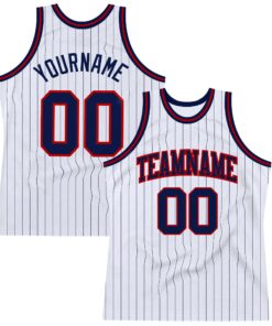 Custom White Navy Pinstripe Navy-Red Authentic Basketball Jersey