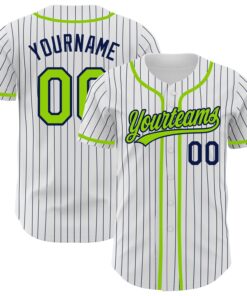 Custom White Navy Pinstripe Neon Green Authentic Baseball Jersey