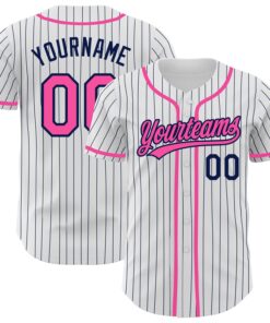 Custom White Navy Pinstripe Pink Authentic Baseball Jersey