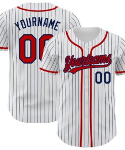 Custom White Navy Pinstripe Red Authentic Baseball Jersey