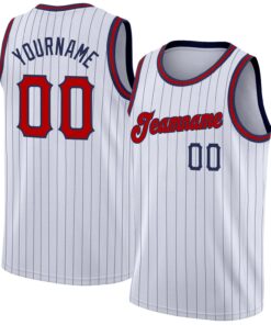 Custom White Navy Pinstripe Red-Navy Authentic Basketball Jersey