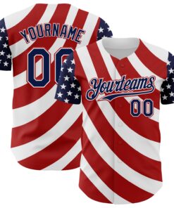 Custom White Navy-Red 3D American Flag Authentic Baseball Jersey