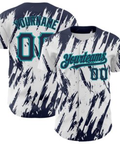 Custom White Navy-Teal 3D Pattern Design Abstract Sharp Shape Authentic Baseball Jersey