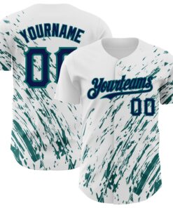 Custom White Navy-Teal 3D Pattern Design Abstract Splash Authentic Baseball Jersey