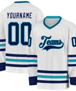 Custom White Navy-Teal Hockey Jersey