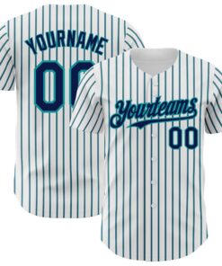 Custom White (Navy Teal Pinstripe) Navy-Teal Authentic Baseball Jersey