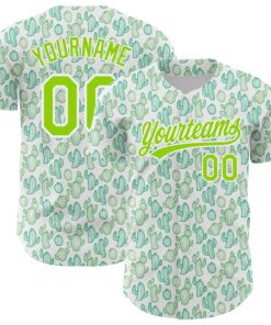 Custom White Neon Green 3D Pattern Design Cactus Festival Authentic Baseball Jersey
