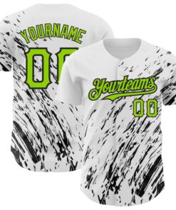Custom White Neon Green-Black 3D Pattern Design Abstract Splash Authentic Baseball Jersey