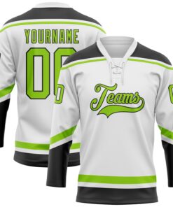 Custom White Neon Green-Black Hockey Lace Neck Jersey