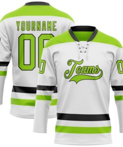 Custom White Neon Green-Black Hockey Lace Neck Jersey