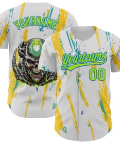 Custom White Neon Green-Blue 3D Halloween Authentic Baseball Jersey