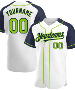 Custom White Neon Green-Navy Authentic Raglan Sleeves Baseball Jersey