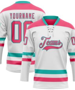 Custom White Neon Pink-Aqua Hockey Lace Neck Jersey
