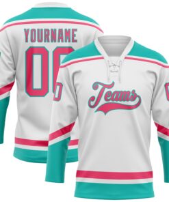 Custom White Neon Pink-Aqua Hockey Lace Neck Jersey