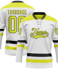 Custom White Neon Yellow-Black Hockey Lace Neck Jersey