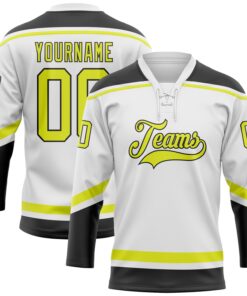 Custom White Neon Yellow-Black Hockey Lace Neck Jersey
