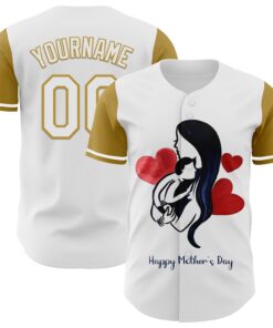 Custom White Old Gold 3D Pattern Design Mother's Day Family Love Authentic Baseball Jersey