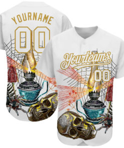 Custom White Old Gold 3D Spider And Skull Fashion Authentic Baseball Jersey