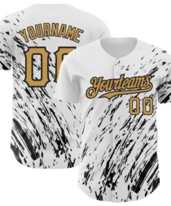 Custom White Old Gold-Black 3D Pattern Design Abstract Splash Authentic Baseball Jersey