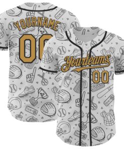 Custom White Old Gold-Black Comic Doodle Ballgame 3D Pattern Design Authentic Baseball Jersey