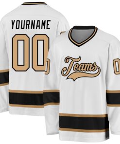 Custom White Old Gold-Black Hockey Jersey