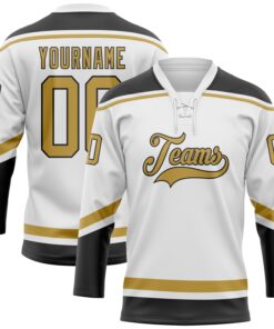 Custom White Old Gold-Black Hockey Lace Neck Jersey