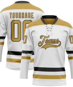 Custom White Old Gold-Black Hockey Lace Neck Jersey