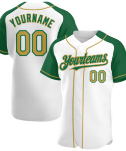 Custom White Old Gold-Kelly Green Authentic Raglan Sleeves Baseball Jersey