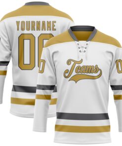Custom White Old Gold-Steel Gray Hockey Lace Neck Jersey