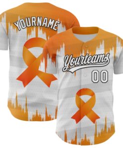 Custom White Orange-Black 3D Kidney Cancer Ribbon Authentic Baseball Jersey