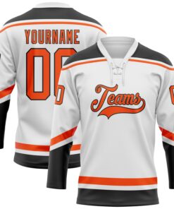 Custom White Orange-Black Hockey Lace Neck Jersey