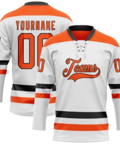 Custom White Orange-Black Hockey Lace Neck Jersey