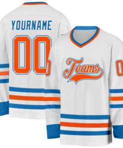 Custom White Orange-Blue Hockey Jersey