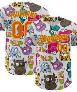 Custom White Orange-Neon Green 3D Pattern Design Funny Cartoon Monster Authentic Baseball Jersey
