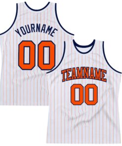 Custom White Orange Pinstripe Orange-Navy Authentic Basketball Jersey