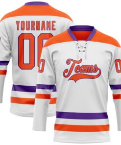 Custom White Orange-Purple Hockey Lace Neck Jersey