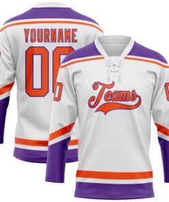 Custom White Orange-Purple Hockey Lace Neck Jersey