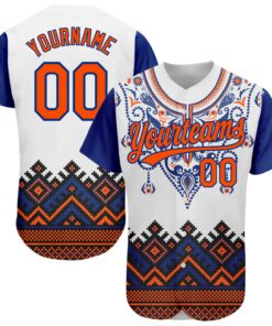 Custom White Orange-Royal 3D Pattern Design Traditional African Ethnic Style Authentic Baseball Jersey