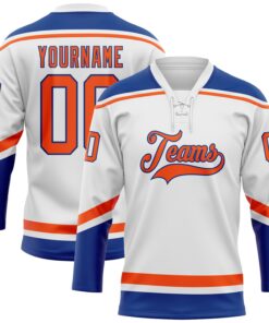 Custom White Orange-Royal Hockey Lace Neck Jersey