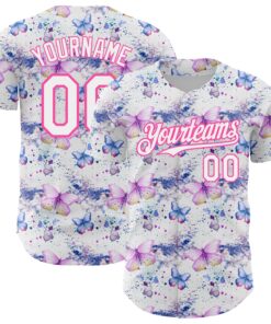 Custom White Pink 3D Pattern Design Animal Butterfly Authentic Baseball Jersey