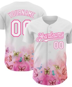 Custom White Pink 3D Pattern Design Animal Butterfly Authentic Baseball Jersey