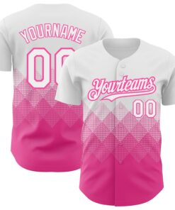 Custom White Pink 3D Pattern Design Gradient Square Shapes Authentic Baseball Jersey