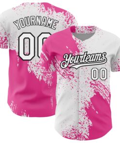 Custom White Pink-Black 3D Pattern Design Abstract Brush Stroke Authentic Baseball Jersey