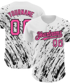 Custom White Pink-Black 3D Pattern Design Abstract Splash Authentic Baseball Jersey