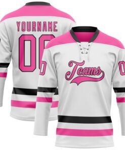 Custom White Pink-Black Hockey Lace Neck Jersey