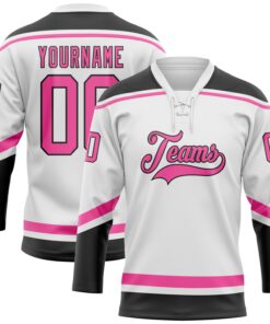 Custom White Pink-Black Hockey Lace Neck Jersey