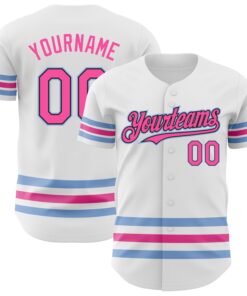 Custom White Pink Black-Light Blue Line Authentic Baseball Jersey